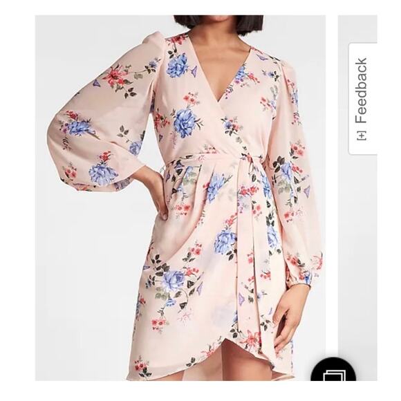 Express NWT Blush Pink Floral Butterfly Chiffon Tie Waist Faux Wrap Dress Size S - Picture 1 of 9